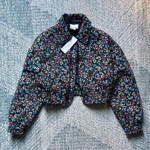UO Kimchi Blue “Evelyn” Cropped Bomber Jacket Floral Jacquard Urban Outfitters